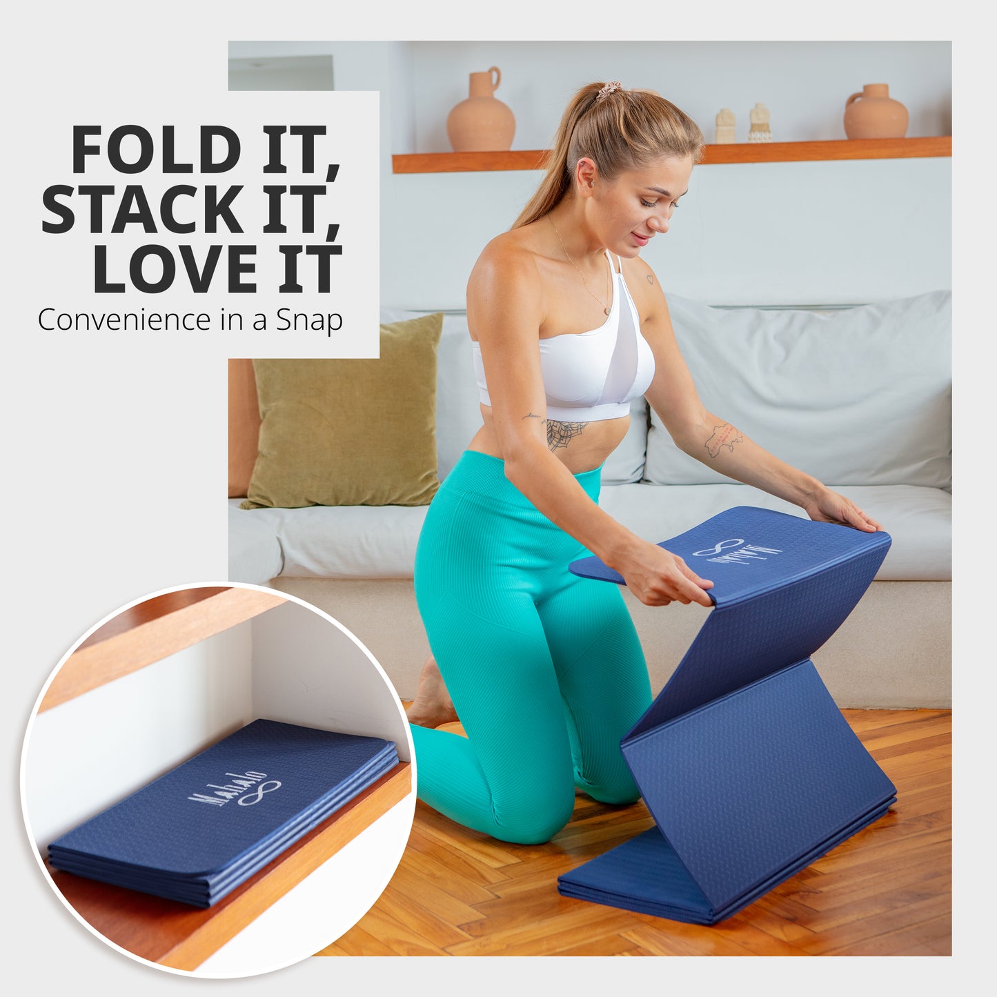 Blue Foldable Yoga Mat & Block Set